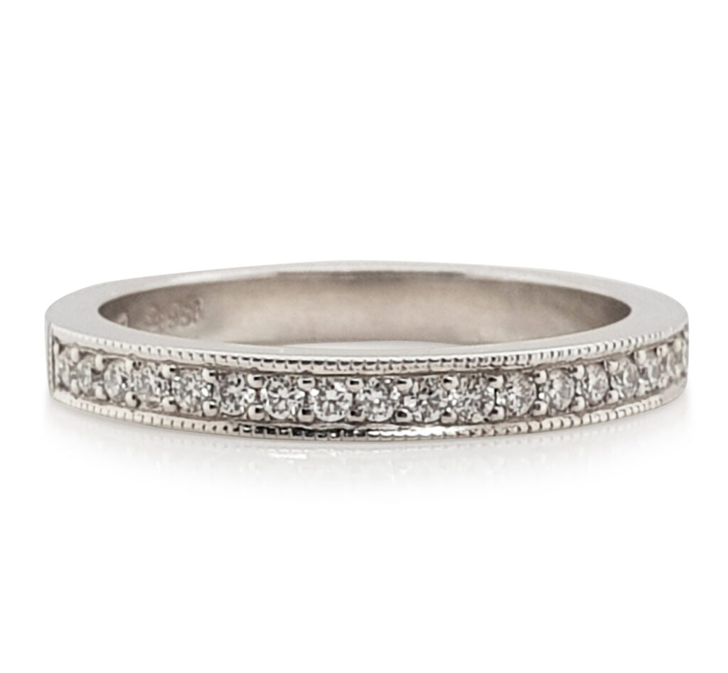 Custom Grain Set Diamond Wedding Ring with Millgrain Edges in Platinum