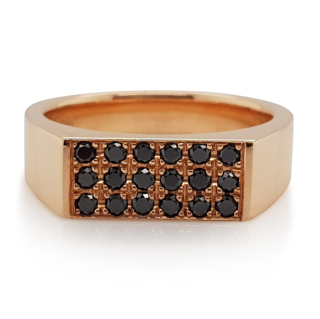 Custom Men’s Black Diamond Signet Wedding Ring in 18ct Rose Gold