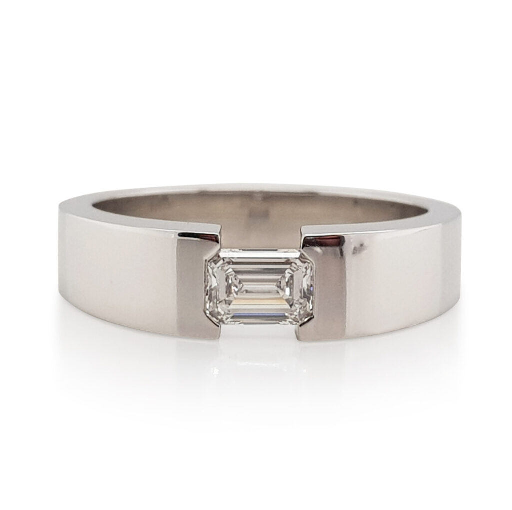 Custom Men’s Emerald Cut Diamond Wedding Ring in White Gold