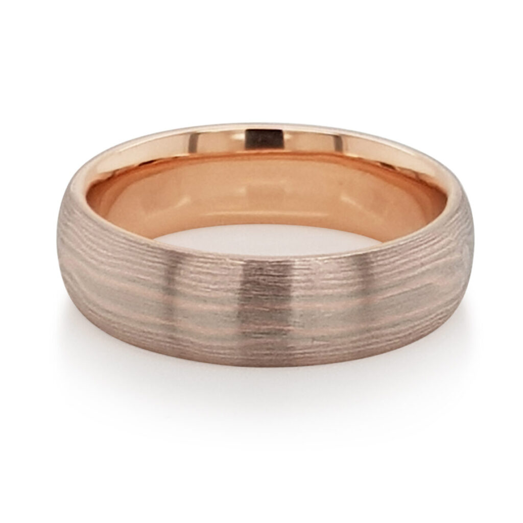 Custom Men’s Mokume Gane Wedding Ring in 18ct White and Rose Gold