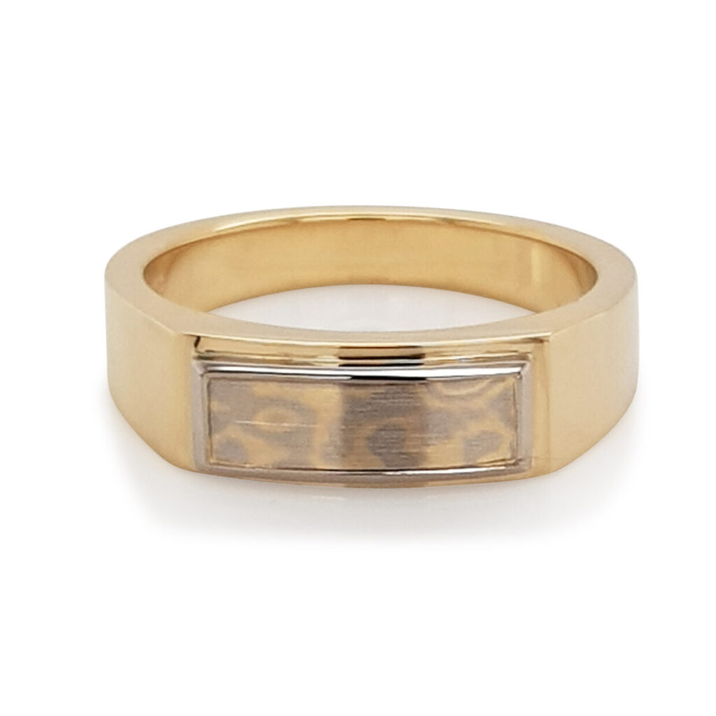 Custom Men’s Mokume Gane Signet Wedding Ring in 18ct Yellow and White Gold