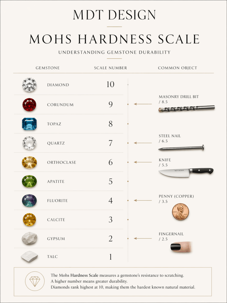 infographic showing the Mohs hardness scale with gemstones ranked from 1 to 10, including diamond, sapphire, quartz and common objects for comparison