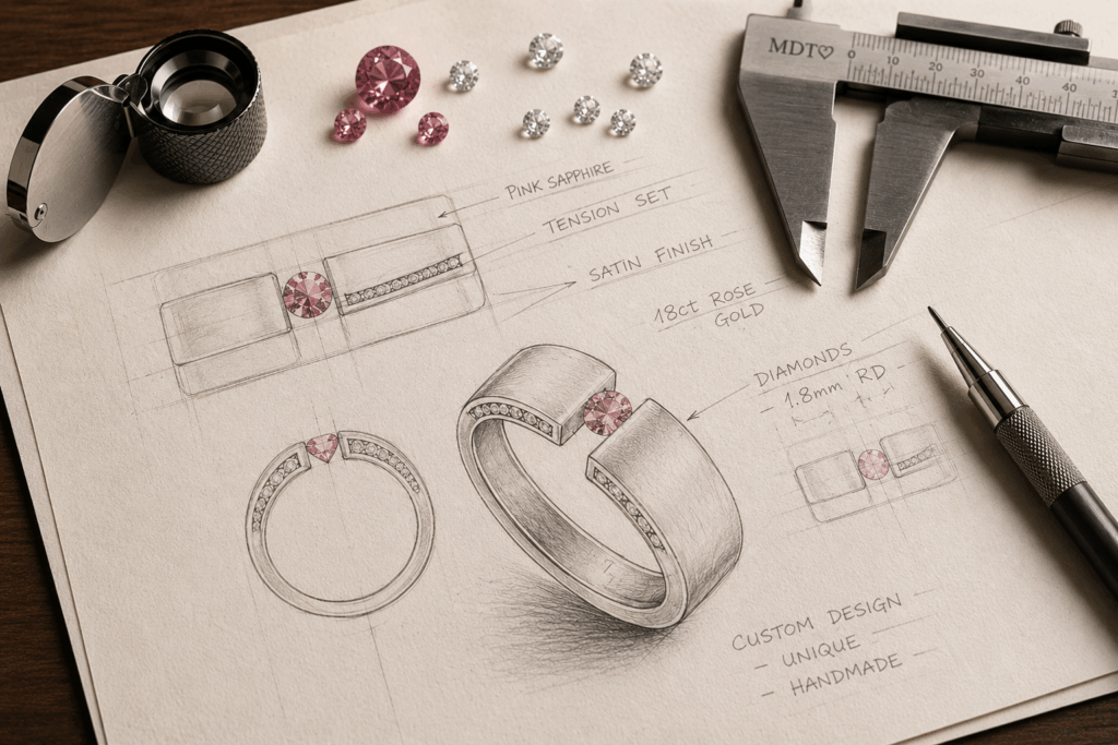 Overhead view of a jeweller’s design desk featuring hand-drawn sketches of a custom pink sapphire tension set ring surrounded by loose gemstones, calipers, an eye loupe, and jewellery design tools used during a bespoke engagement ring consultation in Melbourne.
