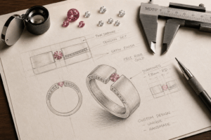 Overhead view of a jeweller’s design desk featuring hand-drawn sketches of a custom pink sapphire tension set ring surrounded by loose gemstones, calipers, an eye loupe, and jewellery design tools used during a bespoke engagement ring consultation in Melbourne.