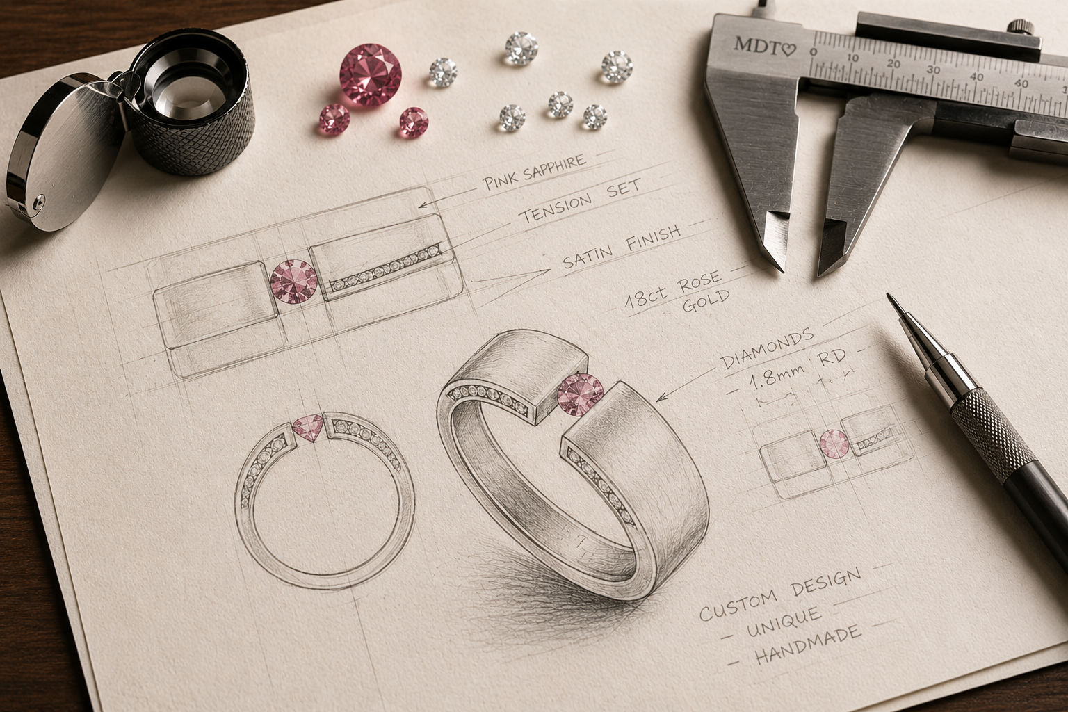 Overhead view of a jeweller’s design desk featuring hand-drawn sketches of a custom pink sapphire tension set ring surrounded by loose gemstones, calipers, an eye loupe, and jewellery design tools used during a bespoke engagement ring consultation in Melbourne.