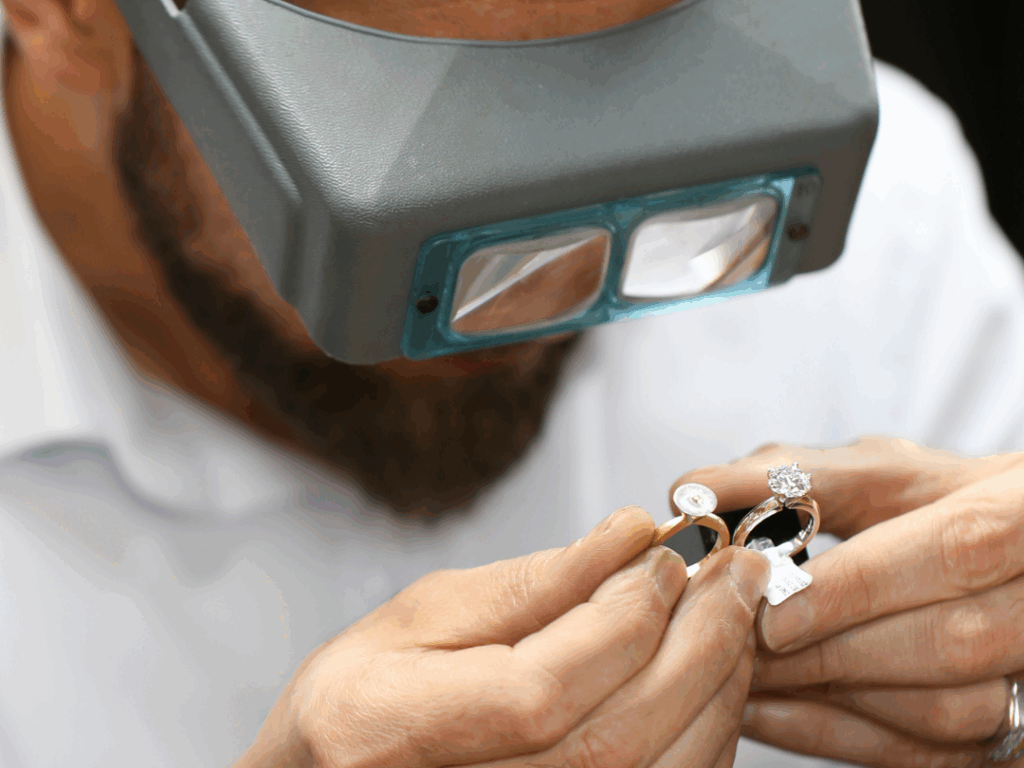 kosta theochari master jeweller from Melbourne jewellery boutique MDT DESIGN, comparing two rings with a head set on.