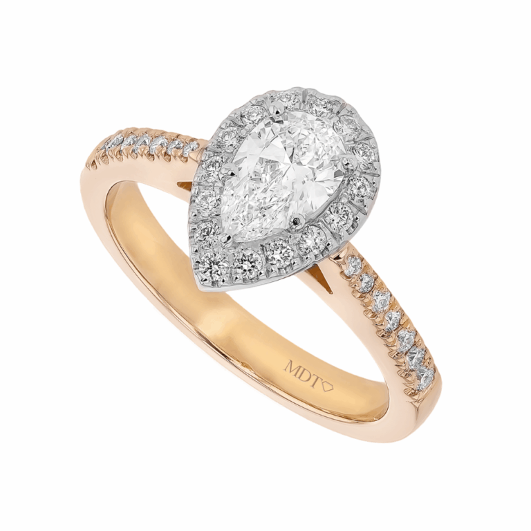 Handmade rose gold engagement ring featuring a pear shaped diamond surrounded by a diamond halo and pavé diamond band, custom made in Melbourne.