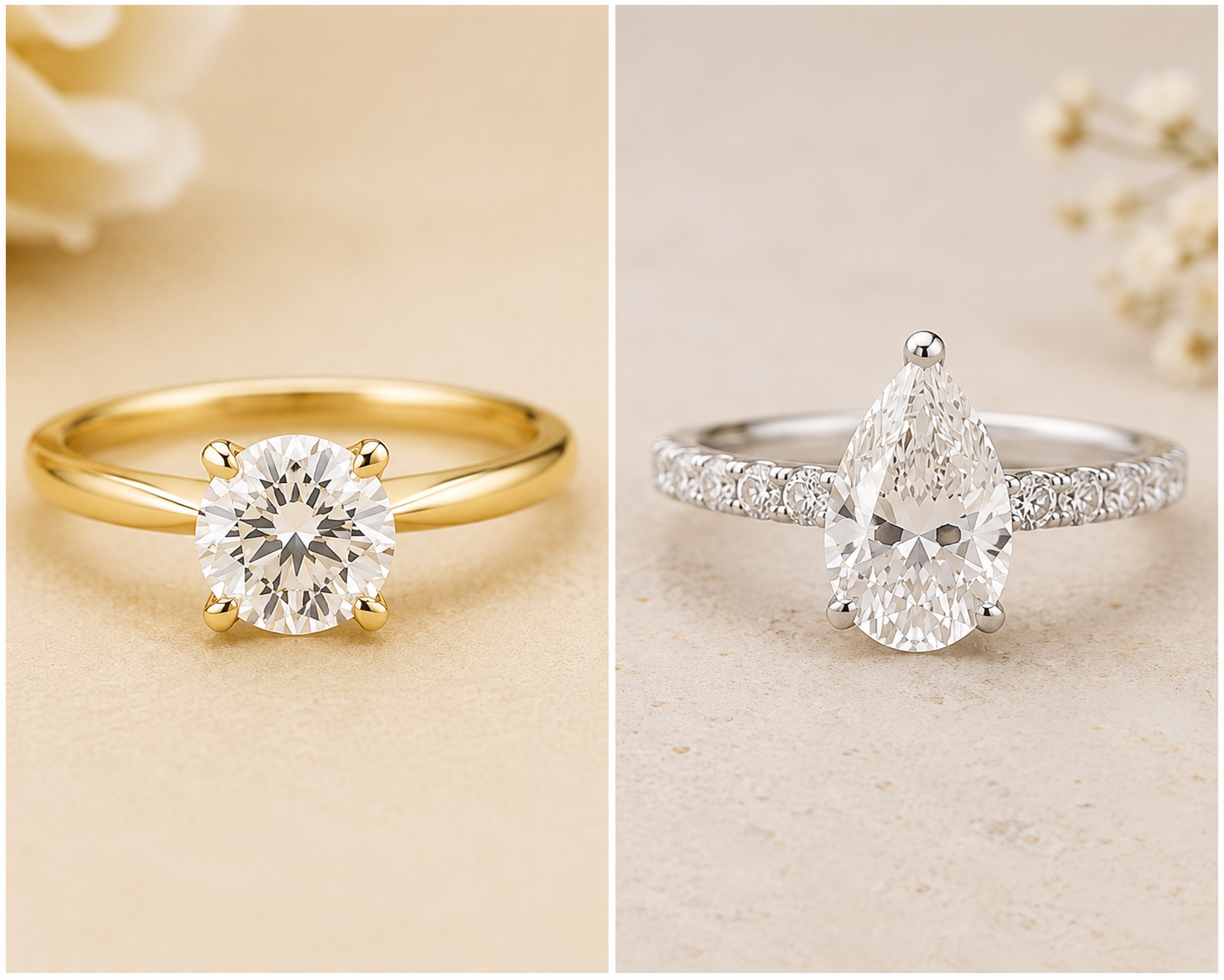 Side-by-side illustration of the engagement rings from Farmer Wants A Wife 2026, featuring Georgie's 18ct yellow gold round brilliant solitaire engagement ring and Brooke's pear-shaped diamond engagement ring with a pavé band in white gold.