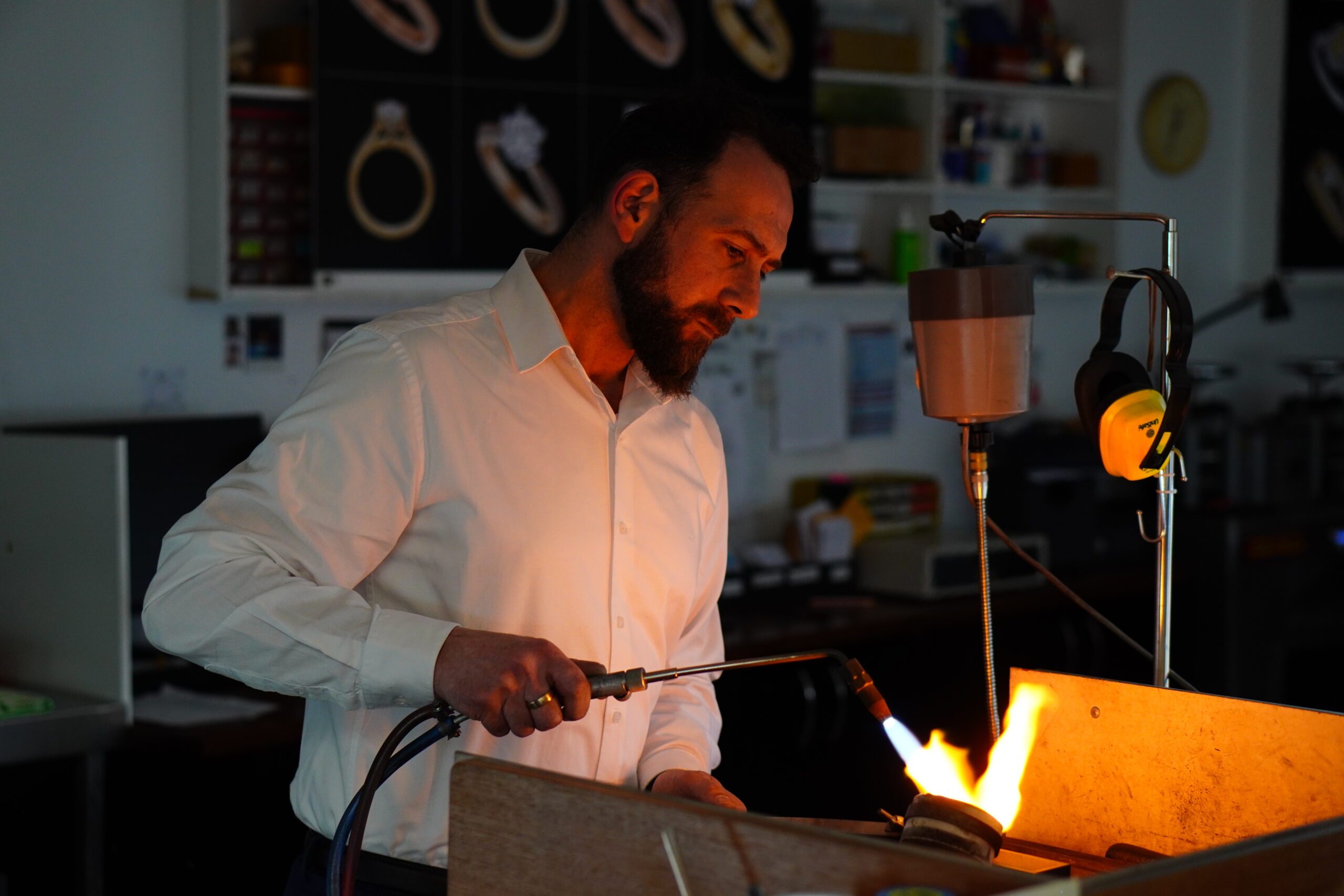 Kosta Theochari handmaking jewellery at the jeweller’s bench in the MDT DESIGN Melbourne workshop, continuing his family’s legacy of traditional jewellery craftsmanship.
