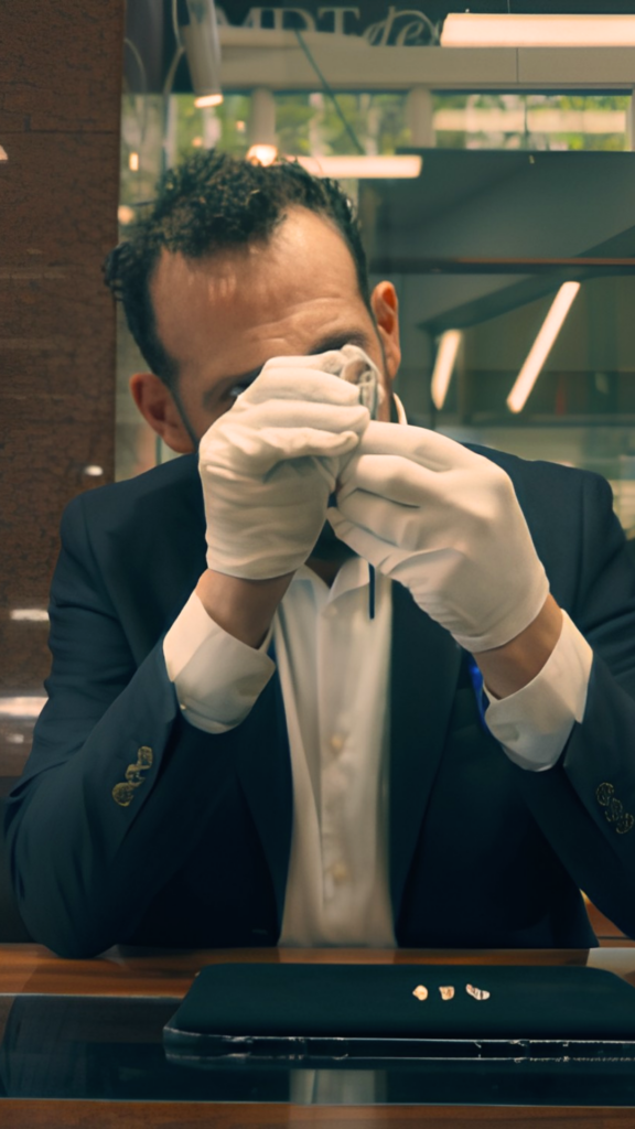 MDT DESIGN jeweller and diamond grader Kosta Theochari carefully inspecting loose diamonds under magnification at the Melbourne boutique.