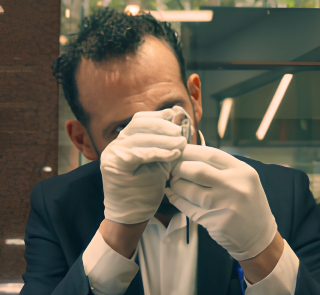 MDT DESIGN jeweller and diamond grader Kosta Theochari carefully inspecting loose diamonds under magnification at the Melbourne boutique.