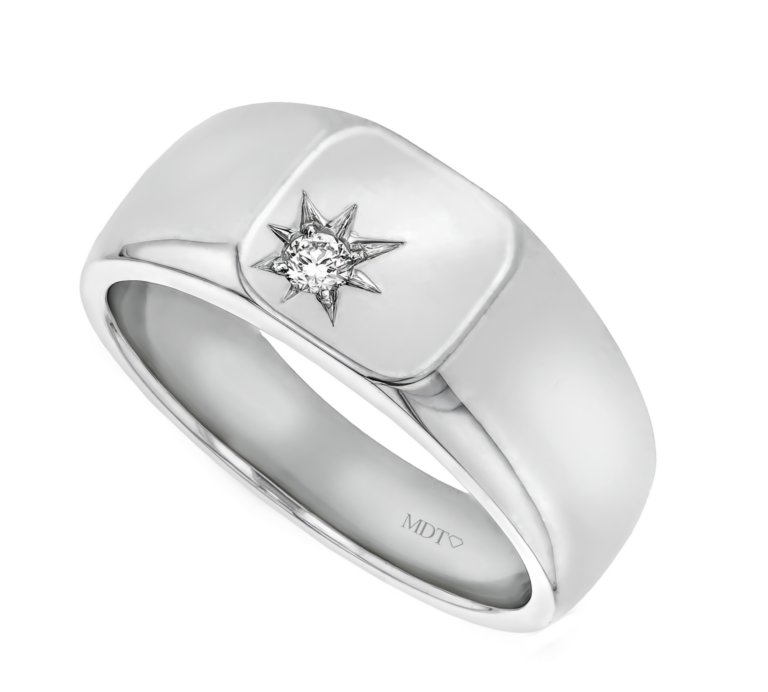 Men’s polished signet ring featuring a round brilliant diamond in a distinctive star setting, handmade by MDT DESIGN in Melbourne.