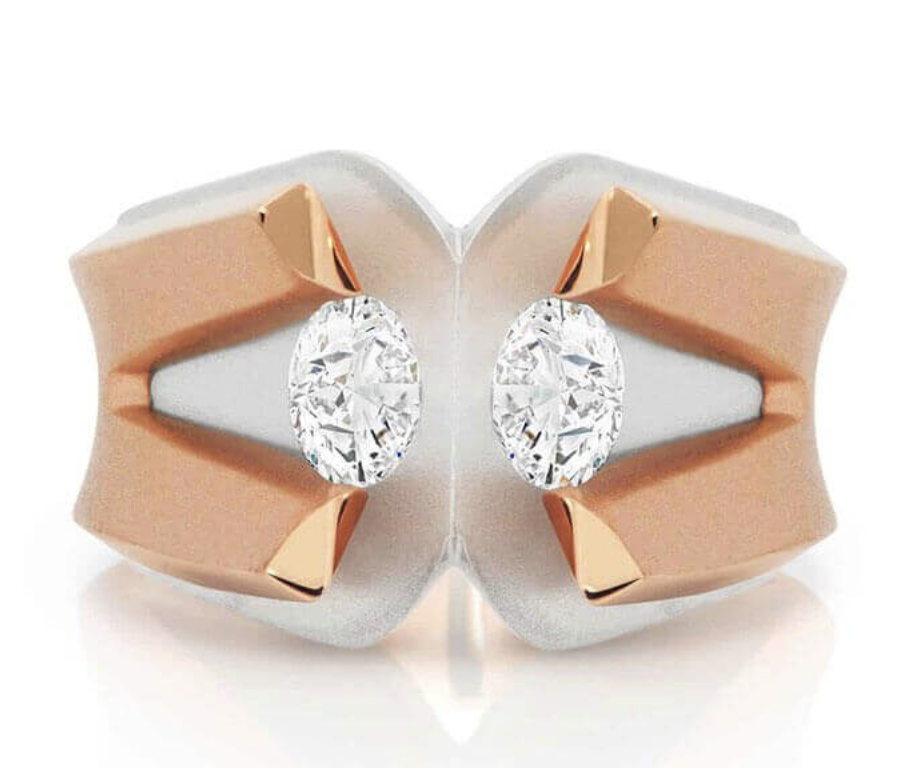 Dos Amigos by Kosta Theochari, a 2017 jewellery award finalist handmade in 18ct rose gold and platinum, featuring two tension-set diamonds.