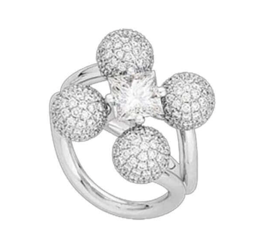 Diamond Dalliance 18ct white gold ring by Nicholas Theochari, featuring a princess cut diamond and four pavé-set diamond spheres.