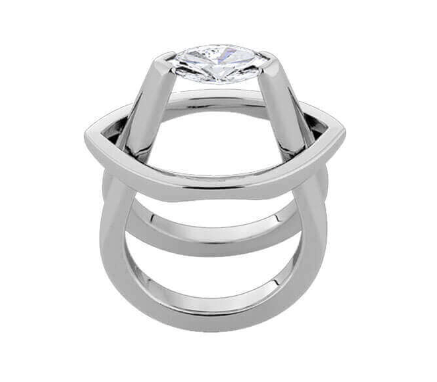 Mati 18ct white gold ring by Nicholas Theochari, featuring a tension-set 0.90ct marquise-cut diamond above a sculptural marquise-shaped frame