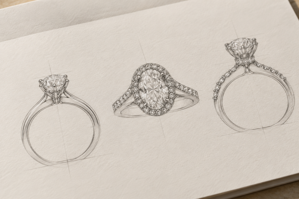 Hand-drawn solitaire and halo engagement ring design sketches illustrating different diamond setting styles.