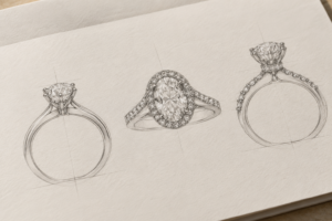 Hand-drawn solitaire and halo engagement ring design sketches illustrating different diamond setting styles.