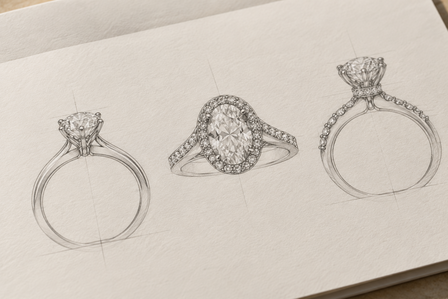 Hand-drawn solitaire and halo engagement ring design sketches illustrating different diamond setting styles.