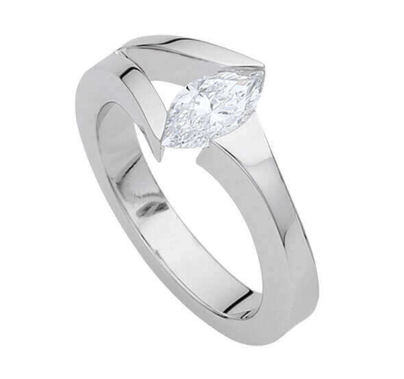 Marquise-cut diamond tension set engagement ring with a split 18ct white gold band, handmade by MDT DESIGN.