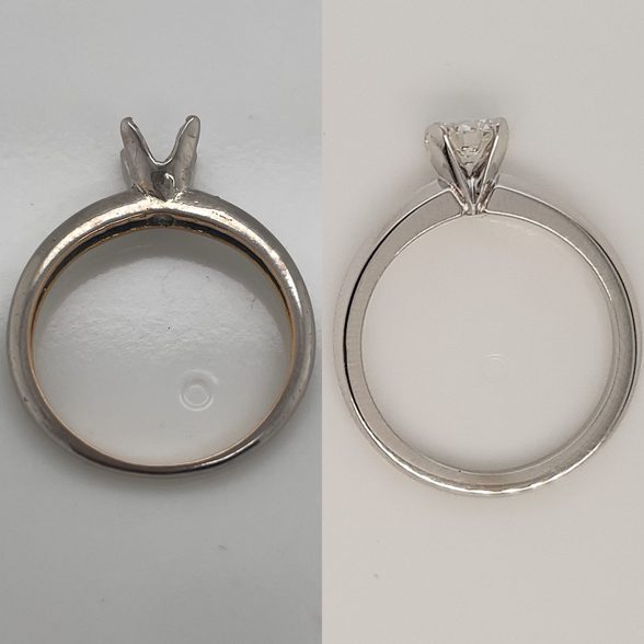 Before and after side view of an heirloom diamond engagement ring remade by MDT DESIGN, preserving the original solitaire design while creating a new ring.