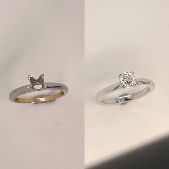 Before and after of a family diamond engagement ring remodelled by MDT DESIGN, reusing the original diamond and preserving the sentimental ring design.
